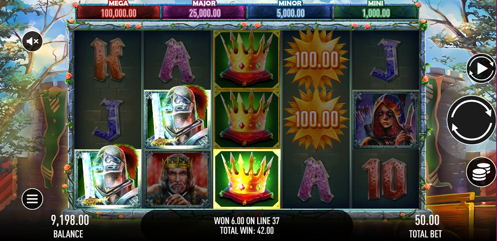 Throne of Camelot slot game by Gamebeat game grid with armoured knight and 100,00 win