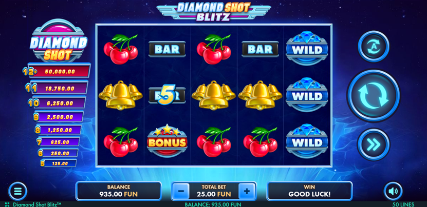 The Diamond Shot Blitz game grid shows cherry, bonus, bell, 7s, wilds and bars symbols.