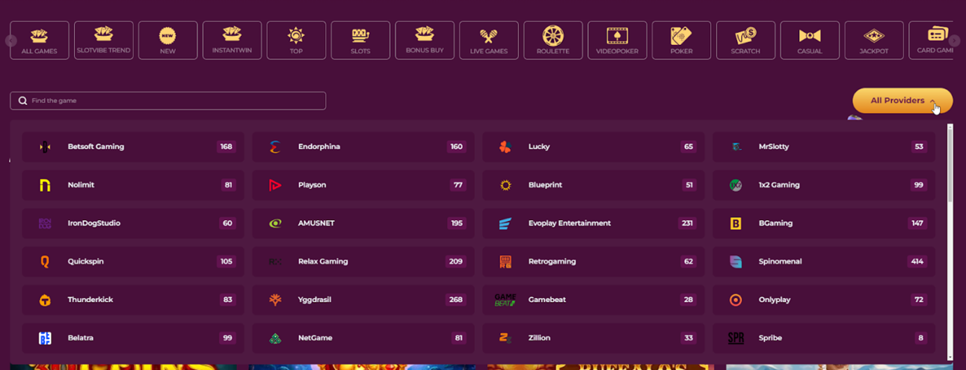 Screenshot of gaming providers menu on slotvibe casino