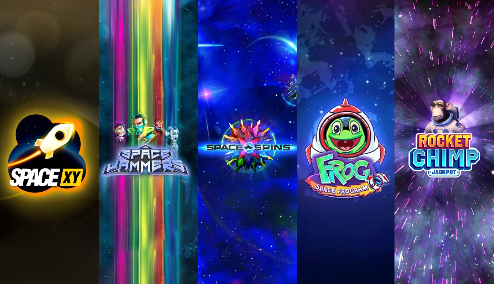 Collage of five space-themed slot games: Space XY, Space Jammers, Space Spins, Frog Space Program, Rocket Chimp slot games