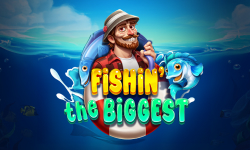 Smiling cartoon fisherman with a large blue fish for Fishin' The Biggest slot game by Apparat Gaming.