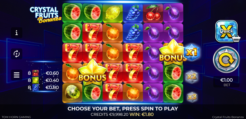 Crystal Fruits Bonanza slot game by Tom Horn Native game grid with 2 bonus, fruits, and 7s symbols.