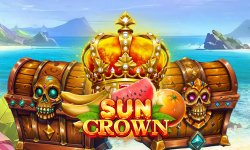 Sun Crown slot game logo with a golden crown, treasure chests, and tropical fruits on a beach background from Amigo Games