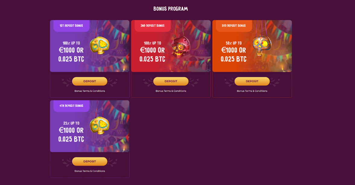 Slotvibe bonus progam page with four levels of bonuses.