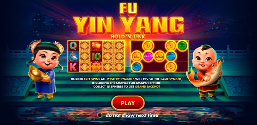 Fu Yin Yang Hold and Link slot game by Netgame entrance screen with logo and character.