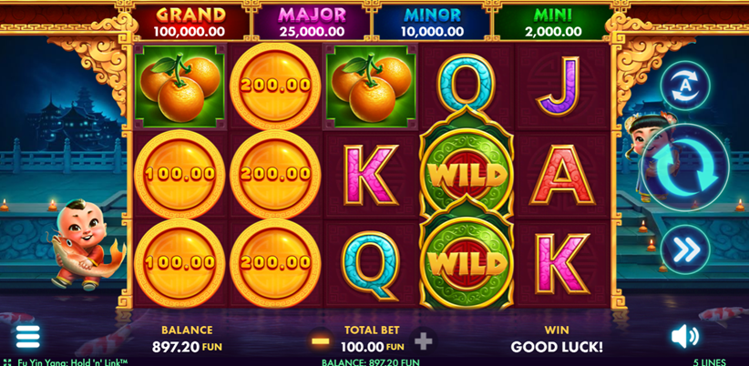 Fu Yin Yang Hold and Link slot game from Netgame featuring two children holding symbols of wealth.