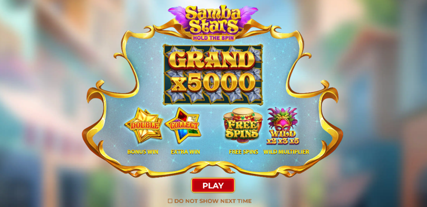 Samba Stars: Hold The Spin slot game by Gamzix entrance screen showing all game features.