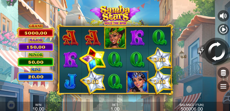 Samba Stars: Hold The Spin slot game by Gamzix game grid with star and samba girl symbols.