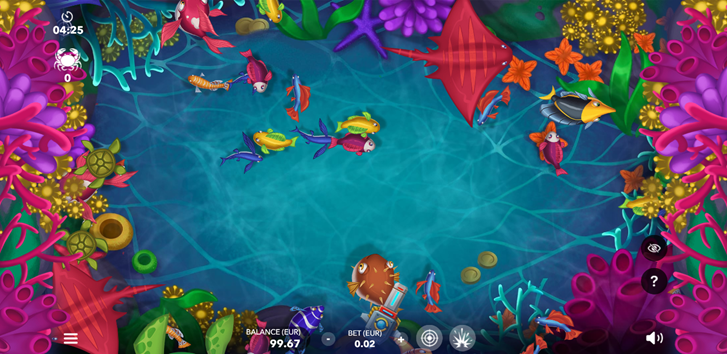 Hook Up! Fishing Wars by Mascot Games instant game pond with fish, turtles, and crab symbols.