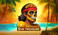 Vibrant image of a woman with sugar skull makeup in tropical 'Sun Treasure' slot game by 1spin4win