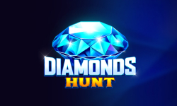 Illuminated blue diamond and 'Diamonds Hunt' logo on a deep blue backdrop for Slotopia slot game.