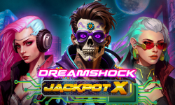 Cyberpunk-themed 'Dreamshock Jackpot X' slot graphic with vibrant characters and a skull mask by Mascot games.