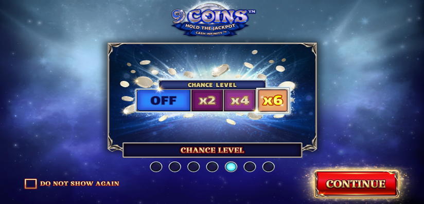 9 Coins™ Grand Platinum Edition slot game by Wazdan entrance screen with volatility level change icon.