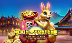 Golden rabbit holding a pot of coins with a skull design in 'Moon of Fortune' slot game by Wazdan