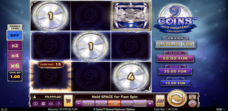 9 Coins™ Grand Platinum Edition slot game by Wazdan game grid with 3 platinum coins.