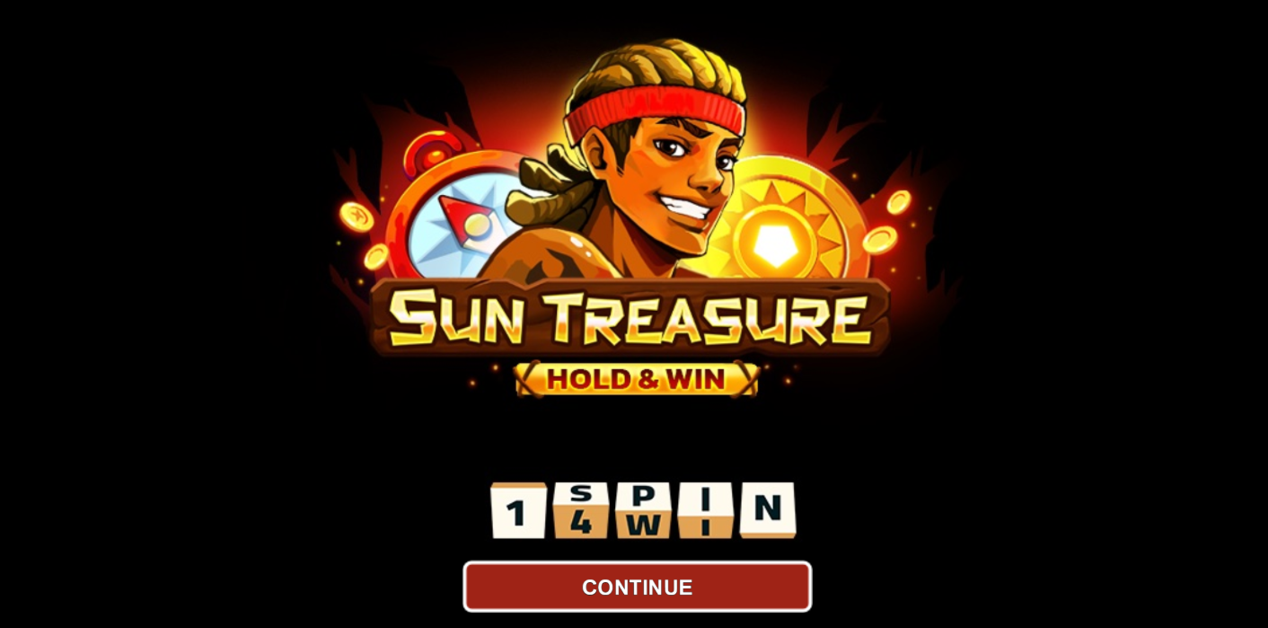 Sun Treasure slot game by 1spin4win entrance screen with character and symbols.