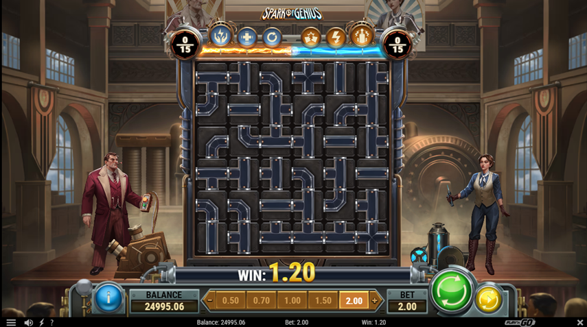 Spark Of Genius slot game by Play n Go game grid with characters in hall setting.