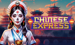 Elegant Chinese woman with sugar skull makeup holding a cup in 'Chinese Express' slot game by Only Play.