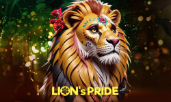 Colorful painted lion with a floral mane, representing 'Lion's Pride' from Mascot Games