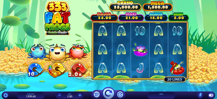 333 Fat Frogs slot game by Quickfire with 3 frogs and game grid with symbols