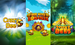 Collage of 'Crazy Bee,' 'Bee Hive Bonanza,' and 'Sticky Bees' slot games with vibrant bee characters.