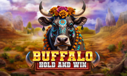 Buffalo Hold and Win slot game logo featuring a decorated buffalo with colorful flowers on a scenic desert background